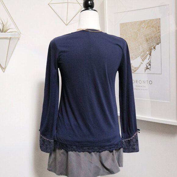 Navy Blue Lacy Babydoll Long Sleeve Tee 🌌 AXES FEMME - Picture 6 of 10